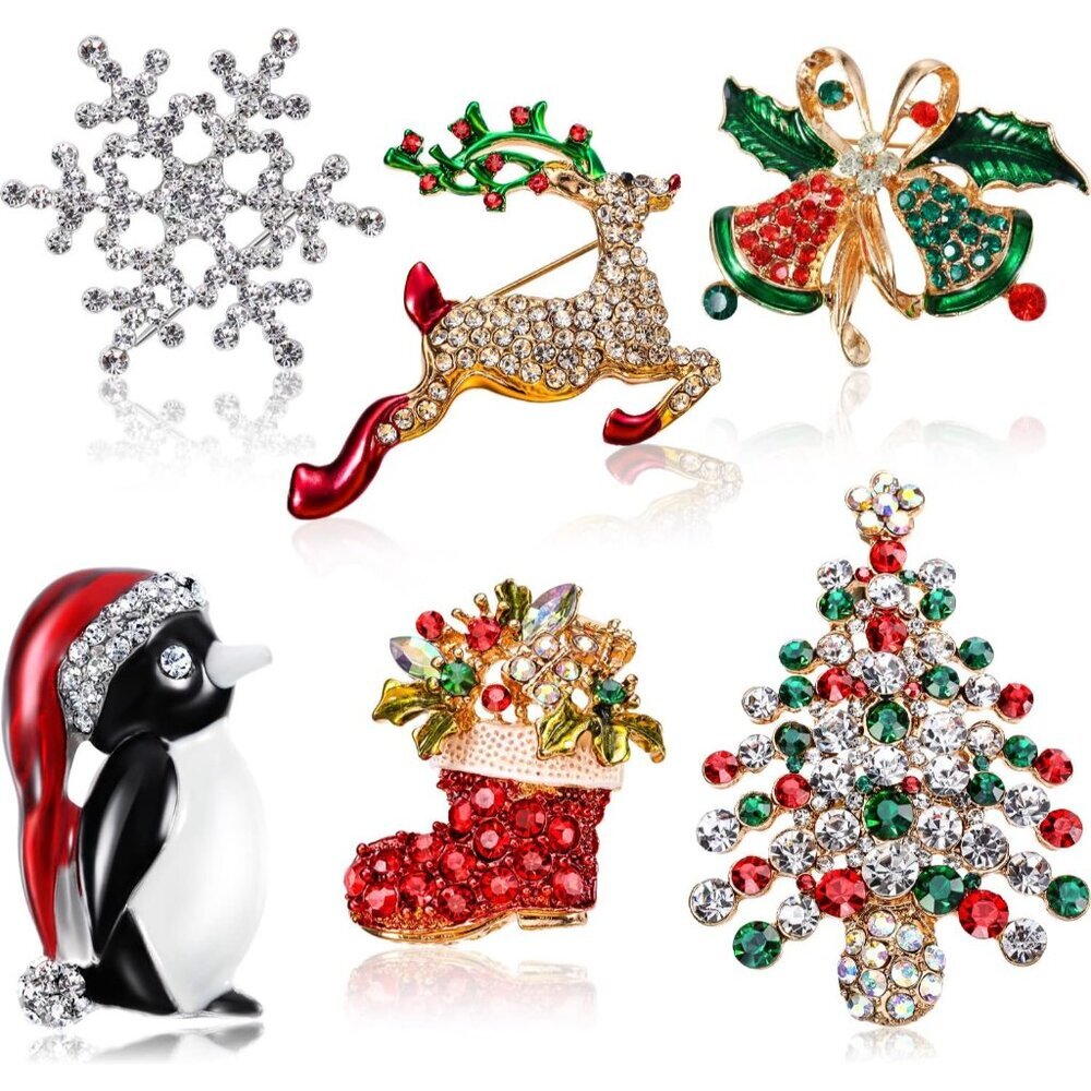 6 Pieces Rhinestone Crystal Christmas Brooch, Fashion Elegant Christmas Brooch P